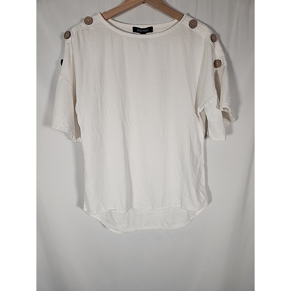Ellen Tracy Linen Scoop Neck Flutter Sleeve Buttons Lagenlook BohemianWomens XS